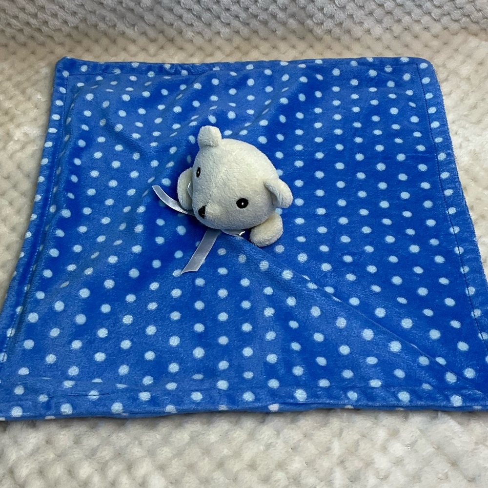 Unbranded Blue Polka Dot Baby Security Blanket with Plush Bear Lovey Toy